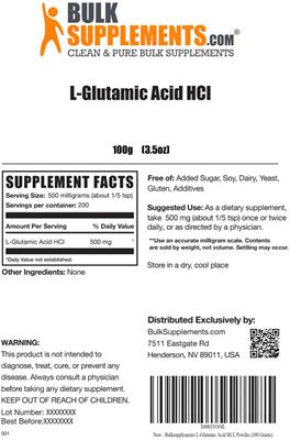 Photo of the BulkSupplements.com L-Glutamic Acid HCl label