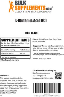 Photo of the BulkSupplements.com L-Glutamic Acid HCl label