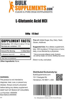 Photo of the BulkSupplements.com L-Glutamic Acid HCl label