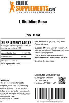 Photo of the BulkSupplements.com L-Histidine Base label