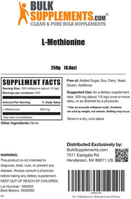 Photo of the BulkSupplements.com L-Methionine label