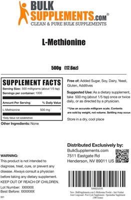 Photo of the BulkSupplements.com L-Methionine label