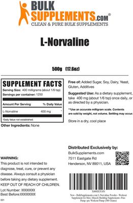 Photo of the BulkSupplements.com L-Norvaline label