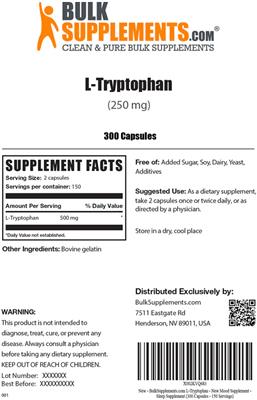 Photo of the BulkSupplements.com L-Tryptophan (250 mg) label
