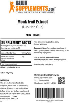 Photo of the BulkSupplements.com Monk Fruit Extract (Luo Han Guo) label