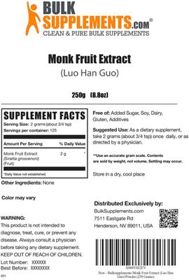 Photo of the BulkSupplements.com Monk Fruit Extract (Luo Han Guo) label