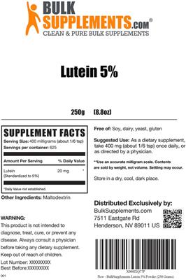 Photo of the BulkSupplements.com Lutein 5% label