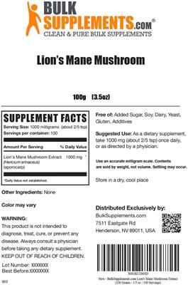 Photo of the BulkSupplements.com Lion's Mane Mushroom label