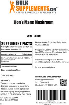 Photo of the BulkSupplements.com Lion's Mane Mushroom label