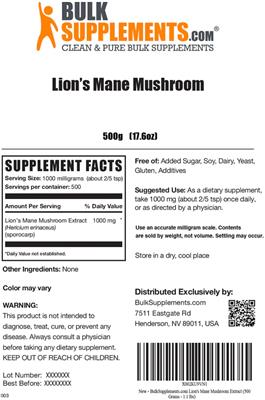 Photo of the BulkSupplements.com Lion's Mane Mushroom label