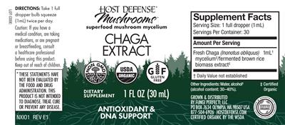 Photo of the Host Defense Mushrooms Chaga Extract label