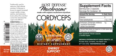 Photo of the Host Defense Mushrooms Cordyceps label