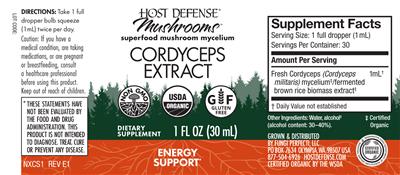 Photo of the Host Defense Mushrooms Cordyceps Extract label