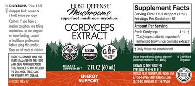 Photo of the Host Defense Mushrooms Cordyceps Extract label