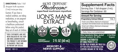 Photo of the Host Defense Mushrooms Lion's Mane Extract label