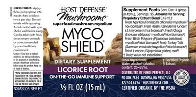 Photo of the Host Defense Mushrooms Myco Shield Spray Licorice Root label