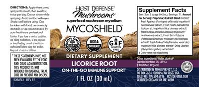 Photo of the Host Defense Mushrooms Myco Shield Spray Licorice Root label