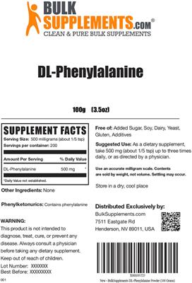 Photo of the BulkSupplements.com DL-Phenylalanine label