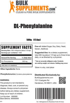 Photo of the BulkSupplements.com DL-Phenylalanine label