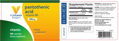 Photo of the The Vitamin Shoppe Pantothenic Acid 100 mg label