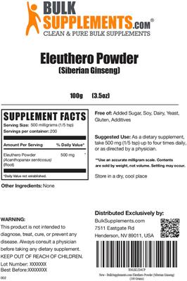 Photo of the BulkSupplements.com Eleuthero Powder (Siberian Ginseng) label