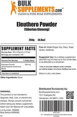 Photo of the BulkSupplements.com Eleuthero Powder (Siberian Ginseng) label