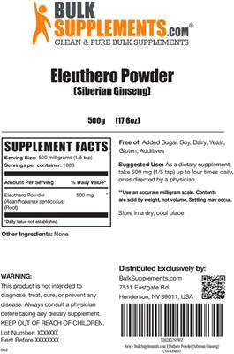 Photo of the BulkSupplements.com Eleuthero Powder (Siberian Ginseng) label