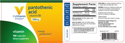 Photo of the The Vitamin Shoppe Pantothenic Acid 250 mg label