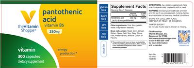 Photo of the The Vitamin Shoppe Pantothenic Acid 250 mg label
