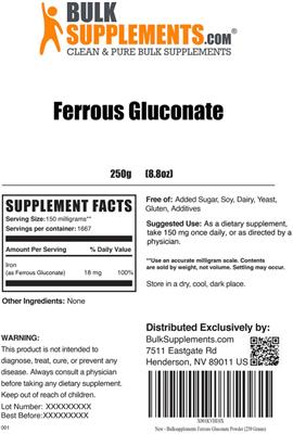 Photo of the BulkSupplements.com Ferrous Gluconate label