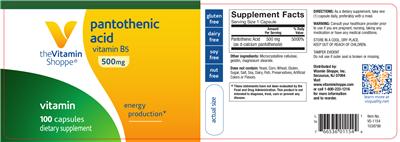 Photo of the The Vitamin Shoppe Pantothenic Acid 500 mg label