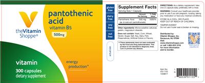 Photo of the The Vitamin Shoppe Pantothenic Acid 500 mg label