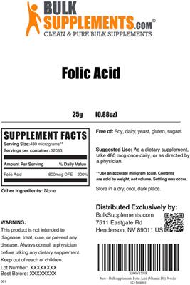 Photo of the BulkSupplements.com Folic Acid label