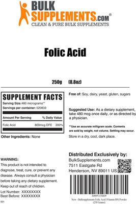 Photo of the BulkSupplements.com Folic Acid label