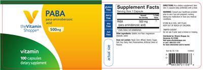 Photo of the The Vitamin Shoppe PABA 500 mg label