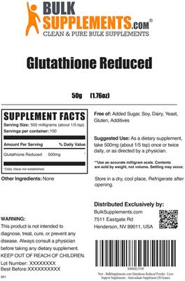 Photo of the BulkSupplements.com Glutathione Reduced label