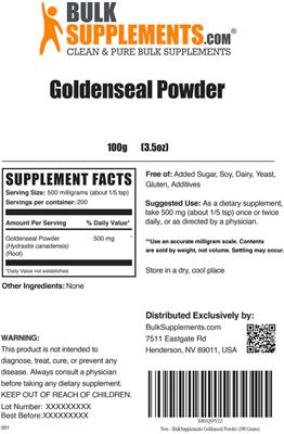 Photo of the BulkSupplements.com Goldenseal Powder label