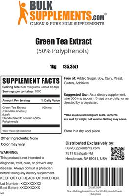 Photo of the BulkSupplements.com Green Tea Extract (50% Polyphenols) label
