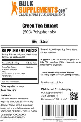 Photo of the BulkSupplements.com Green Tea Extract (50% Polyphenols) label