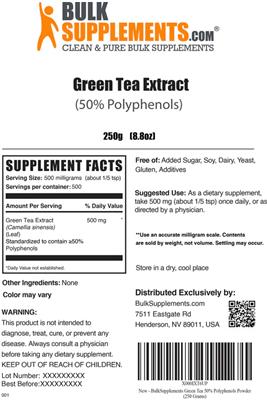 Photo of the BulkSupplements.com Green Tea Extract (50% Polyphenols) label
