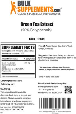 Product label for Green Tea Extract (50% Polyphenols)