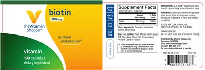 Photo of the The Vitamin Shoppe Biotin 300 mcg label