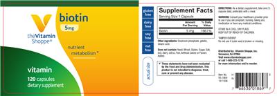 Photo of the The Vitamin Shoppe Biotin 5 mg label