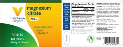 Photo of the The Vitamin Shoppe Magnesium Citrate 200 mg label