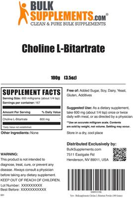 Photo of the BulkSupplements.com Choline L-Bitartrate label