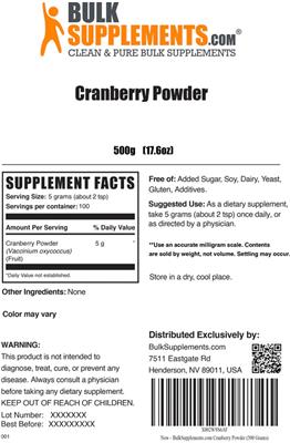 Photo of the BulkSupplements.com Cranberry Powder label