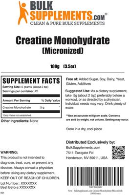 Product label for Creatine Monohydrate