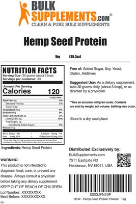 Photo of the BulkSupplements.com Hemp Seed Protein label