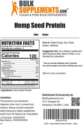 Photo of the BulkSupplements.com Hemp Seed Protein label
