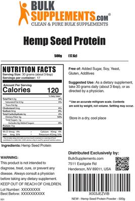 Photo of the BulkSupplements.com Hemp Seed Protein label